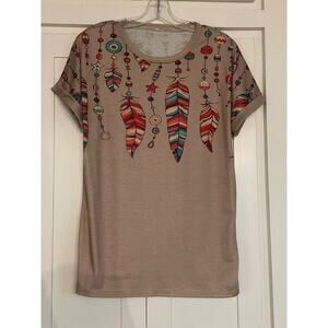 Aztec design feathers dreamcatcher t-shirt ladies Med tan